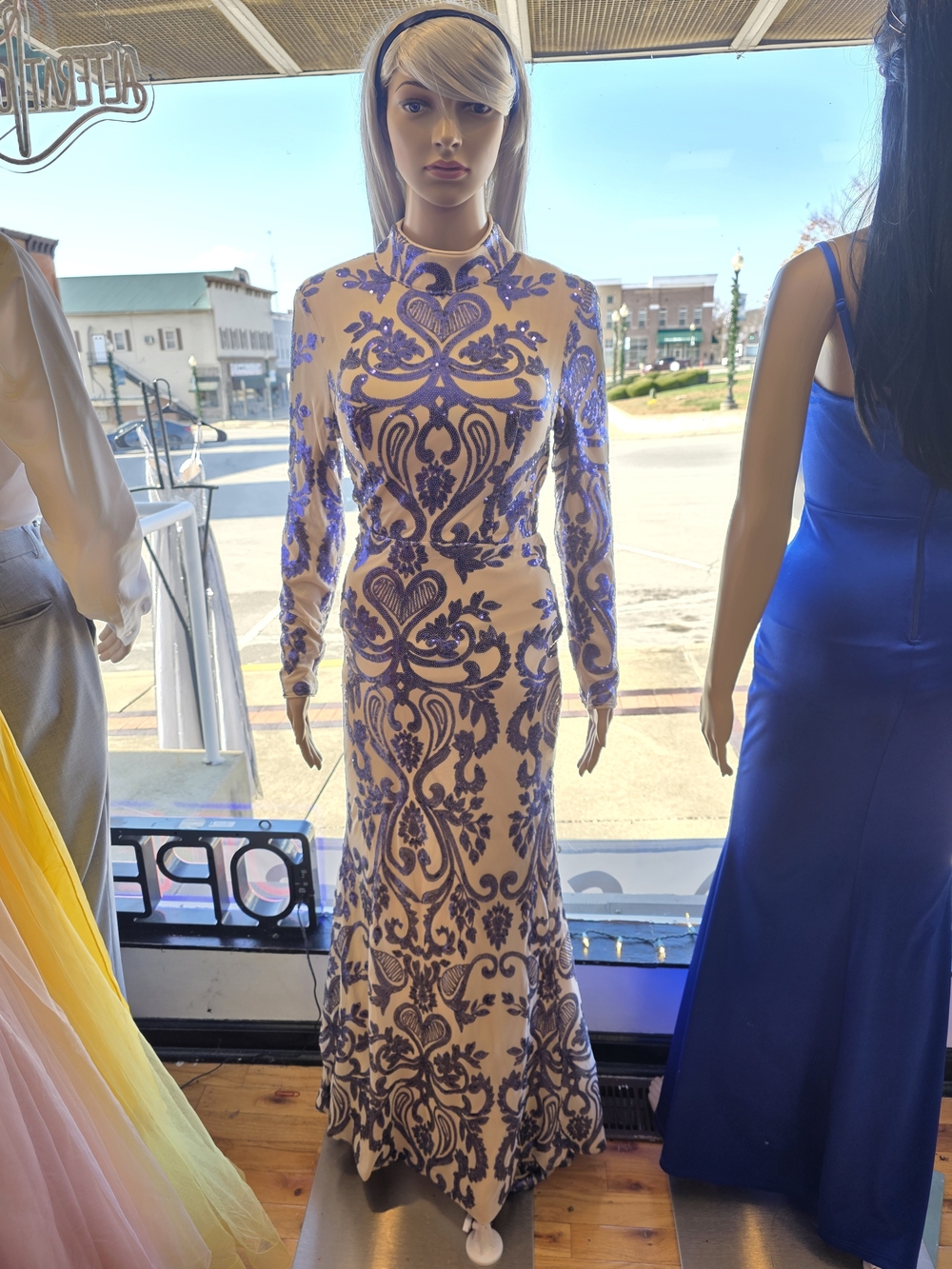 Brand New, Long Sleeve, Ivory/Creme Dress, with Blue/Purple Details